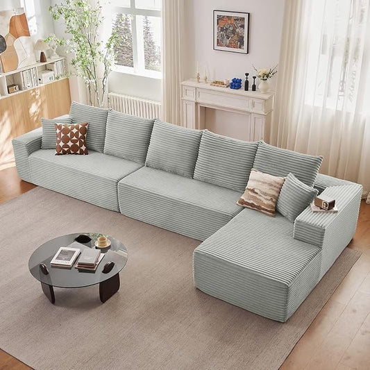 166.9" Cloud Sectional Couch with L-Shape Chaise, Upholstered Corduroy Couches Sleeper with Deep Seat, Modern Modular Comfy Sofa Chaise Longue for Living Room Bedroom, No Assembly Required, Grey