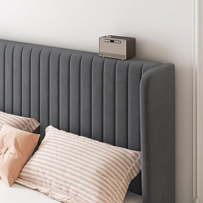 SHA CERLIN King Size Velvet Bed Frame with Vertical Channel Tufted Wingback Headboard, Upholstered Platform Bed with Wood Slats, No Box Spring Needed, Easy Assembly, Grey