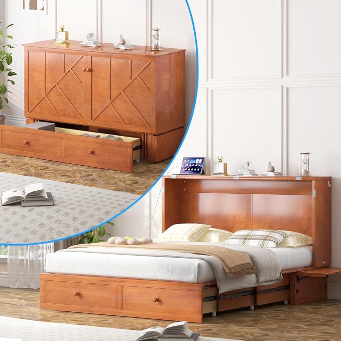 PUREMIND Murphy Bed Queen with Mattress Included, Multi-Functional Hideaway Cabinet Bed with 2 Storage Drawers, USB Charging Ports & Headboard, Space-Saving Chest Wallbed Beds for Guest Room, Cherry