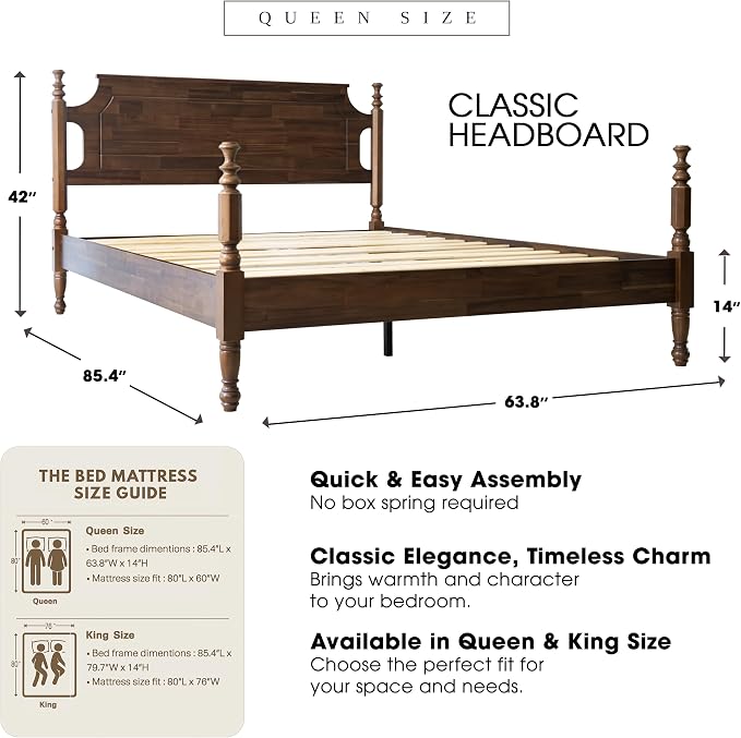 Solid Wood Queen Size Platform Bed Frame with Headboard & Footboard, Central Metal Legs, 12 Durable Slats Base, Anti-Slip & Noise-Free, Easy Assembly, No Box Spring Needed, Walnut Finish, ROQ-37