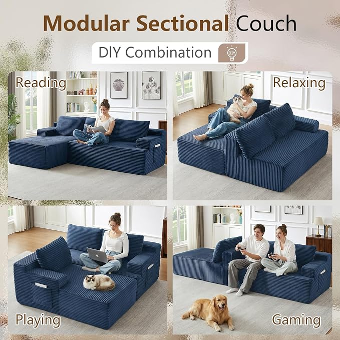 96" Cloud Sectional Couch with L-Shape Chaise, Modular Comfy Sofa Chaise Longue, Upholstered Corduroy Couches Sleeper with Deep Seat for Living Room Bedroom, No Assembly Required(Blue, Left Facing)