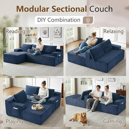 96" Cloud Sectional Couch with L-Shape Chaise, Modular Comfy Sofa Chaise Longue, Upholstered Corduroy Couches Sleeper with Deep Seat for Living Room Bedroom, No Assembly Required(Blue, Left Facing)