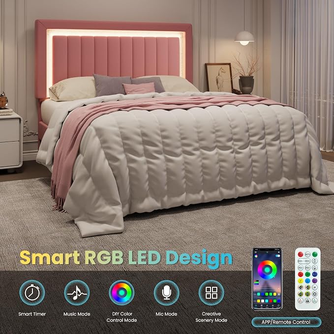 SHA CERLIN Queen Size Velvet Bed Frame with LED Light, Adjustable Vertical Channel Tufted Headboard, Strong Wooden Slats Support, Noise-Free, No Box Spring Needed, Pink