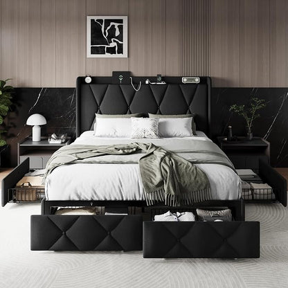 Einhomn Queen Bed Frame with 4 Storage Drawers and Charging Station, Upholstered Platform Bed Frame with Storage Headboard, No Box Spring Needed, Easy Assembly, Black