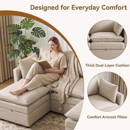 105" Beige Faux Leather Storage 4 Seater Sofa with 2 Ottomans, Comfy Couch | Convertible Modular Sectional Sofa, U Shaped Oversized Couch, Upholstered Large Cloud Couch For Living Room, Apartment.