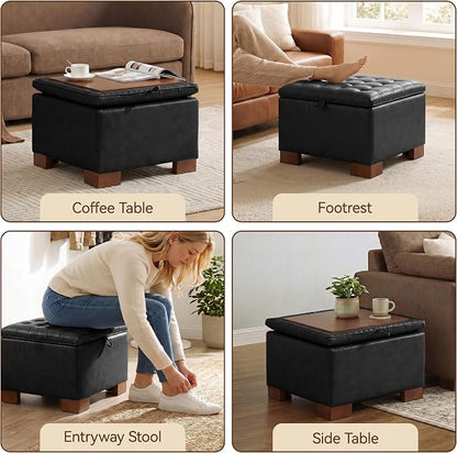 24 Inch Square Storage Ottoman Coffee Table, Modern Tufted Upholstered Ottoman with Flip Tray and Solid Wood Legs, Suitable for Living Rooms, Faux Leather Black