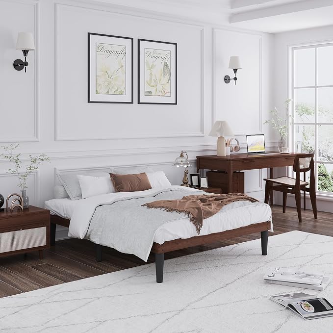 Yumori 12.9 Inch Minimalist Style Full Size Bed Frame, Wood Platform Bed with Wood Slat Support, No Box Spring Needed, Easy Assembly, Walnut