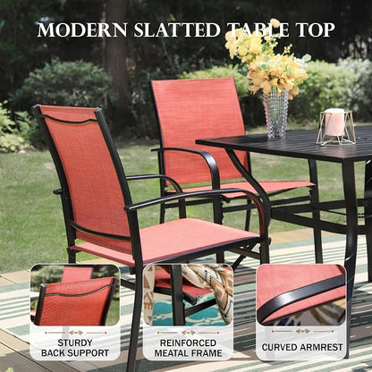 HERA'S HOUSE 5 Pieces Patio Dining Set, Outdoor Table and Chairs Set for 4, 4 x Red Textilene Dining Chair and 42" Metal Round Table for Lawn Garden Backyard Deck