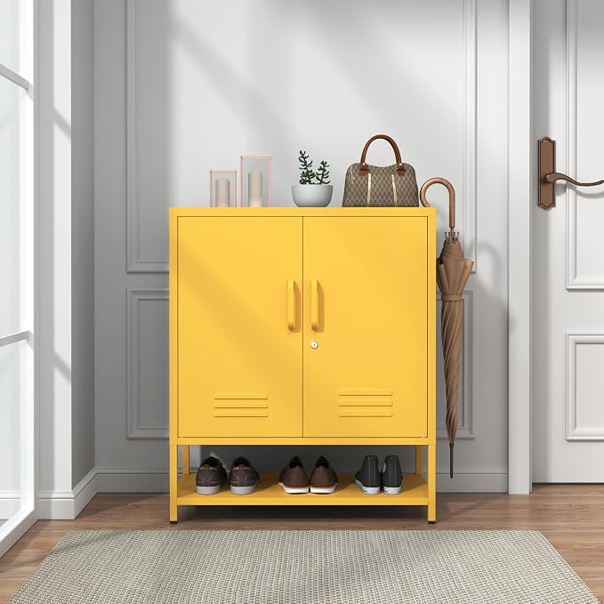 Yellow Lockable Metal Shoe Cabinet, Freestanding Accent Storage Cabinet with Adjustable Shelves, Multipurpose Storage Rack for Hallway Entryway Living Room 33" H X 29.5" W X 13.8" D