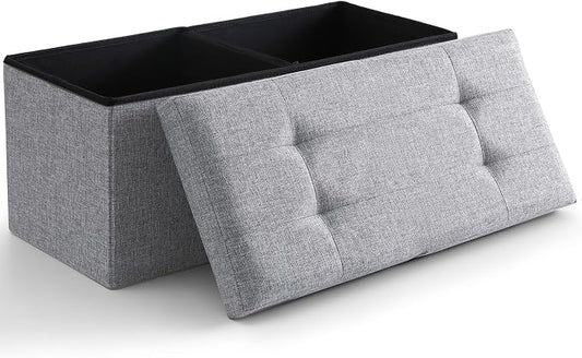 Storage Ottoman Bench Foldable Seat Footrest End of Bed Ottoman with Flipping Lid for Living Room, 75L, 30 inches Linen Fabric Grey