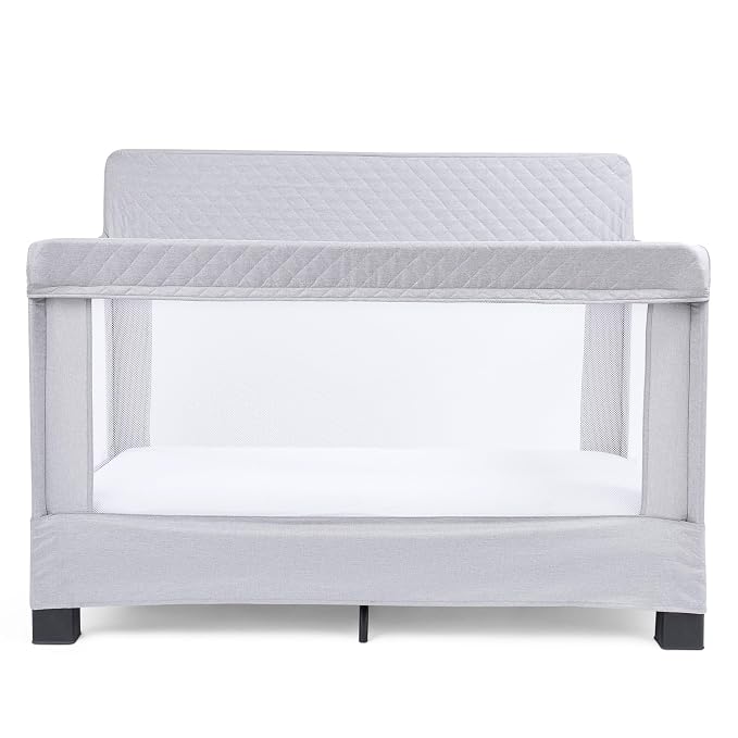 Baby Delight Horizon Full Size Crib, Breathable Mesh Walls, Tool-Free Assembly Baby Bed, Luxe Quilted Easy to Clean Fabric, Grey