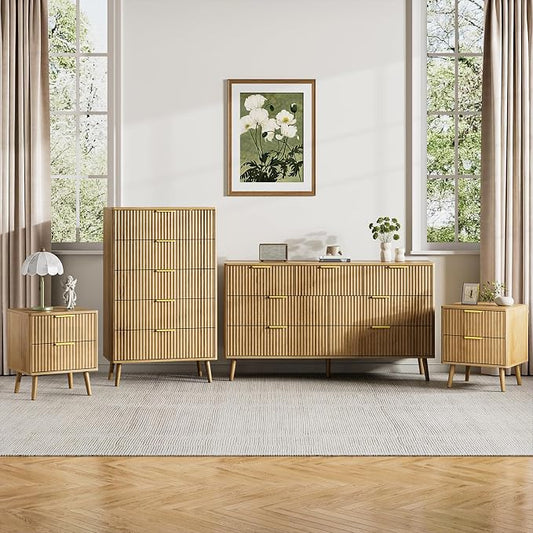 LYNSOM Fluted Dresser and Nightstand Sets 4 Piece, 2-Drawer Nightstands and 5/7 Drawers Dresser, Wood Bedroom Furniture Set for Home, Bedroom, Hallway, Oak