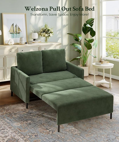 Welzona 47.2" Convertible Sofa Bed Couch, Comfy Corduroy Loveseat Sleeper Sofa, 620lbs Capacity Couch Bed, Easy Setup Love Seat Sleeper Bed with 2 Pillow, Small Couches for Living Room/Office, Green