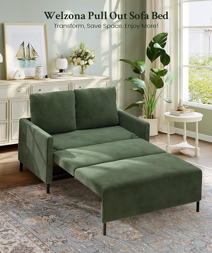 Welzona 47.2" Convertible Sofa Bed Couch, Comfy Corduroy Loveseat Sleeper Sofa, 620lbs Capacity Couch Bed, Easy Setup Love Seat Sleeper Bed 2 Pillows, Small Couches for Living Room/Office, Olive Green