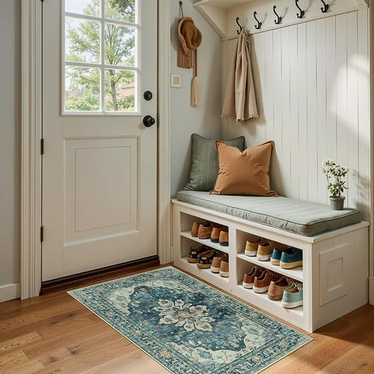 RELEANY Area Rugs Small 2'x4' Washable Non-Slip, Floral Vintage Distress Medallion Carpet for Kitchen Entryway Bathroom, Dark Blue Vintage