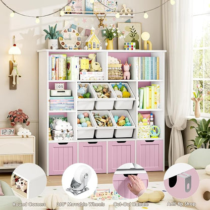 FINETONES Toy Storage Organizer with 6 Toy Bins, Toy Organizer Kids Bookshelf with 4 Movable Drawers and 6 Storage Cubbies, Toy Bins for Kids Organizer Playroom Storage for Living Room, Pink