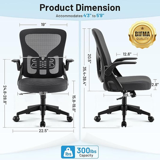 Office Chair Ergonomic Desk Chair with Adjustable Lumbar Support, High Back Breathable Mesh Chair with 120° Tilt Function & Flip-Up Armrests, Swivel Comfy Task Computer Chair for Work, Study