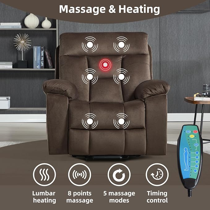 CANMOV Large Power Lift Recliner Chair with Massage and Heat for Elderly Big and Tall People, Overstuffed Wide Recliners with 2 Cup Holders, Side Pocket and USB Port, Dark Brown