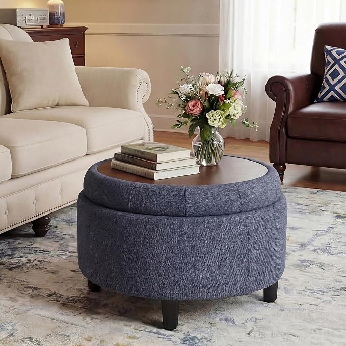 COLAMY Round Hidden Storage Ottoman with Reversible Tray Lid – Multi-Functional Footrest, Sturdy & Stylish Fabric Coffee Table for Living Room, Bedroom, or Entryway, Blue