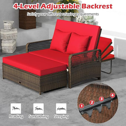 Tangkula Patio Adjustable Wicker Daybed, Rattan Loveseat & Storage Ottoman w/ 4-Level Backrest & Soft Cushions, Space-Saving 2-Person Sun Lounger for Backyard, Porch (Red)