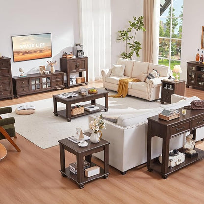 SAVOR LIFE Farmhouse TV Stand and Coffee Table Set 4, Rustic Wood Living Room Table Set with TV Console, Center Table, End Table Set of 2 for Living Room, Walnut