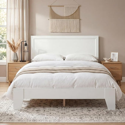 Giantex Full Size Wooden Bed Frame with Headboard, Wood Slat Support | Modern Platform Bed with Heavy Duty Mattress Foundation, Under-Bed Storage, No Box Spring Needed, Easy Assembly (White)