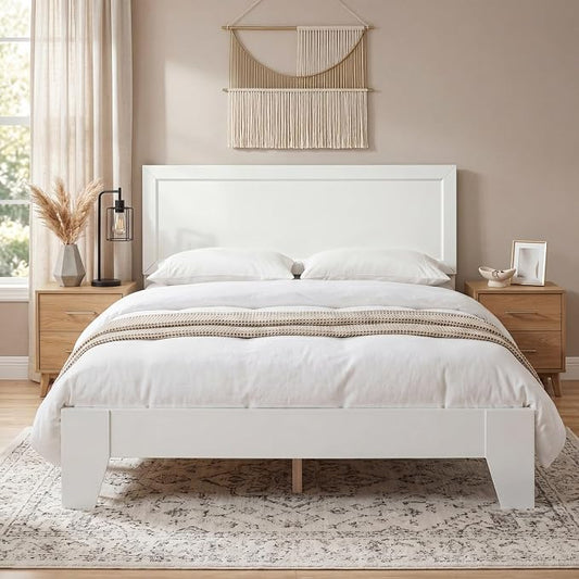 Giantex Full Size Wooden Bed Frame with Headboard, Wood Slat Support | Modern Platform Bed with Heavy Duty Mattress Foundation, Under-Bed Storage, No Box Spring Needed, Easy Assembly (White)