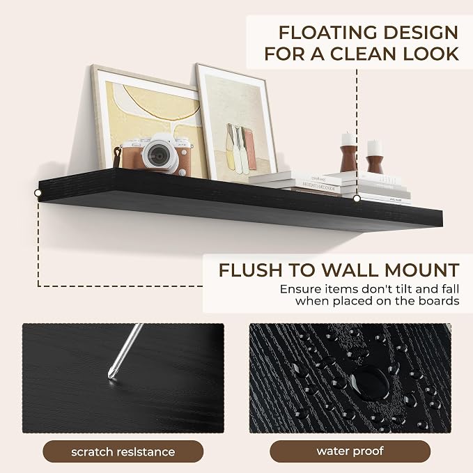 RICHFOCUS 40Inch Floating Shelves for Wall 1 Pack Shelves for Bedroom|Kitchen|Bathroom|Laundry Room Rustic Wood Wall Mounted Shelf with Invisible Brackets for Books|Storage|Decor, Black