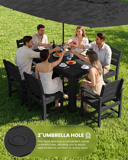 SERWALL HDPE Dining Set for 8: 2 Umbrella Hole Tables + 8 Chairs. for Garden, Backyard, Poolside. Black