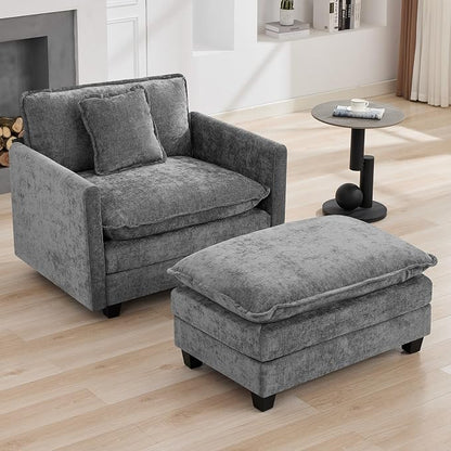 WUTUTUEE 41'' Modern Chenille Oversized Chair, Upholstered Accent Living Room Chair with Extra Thicked Deep Seat, Single Lounge Chair for Bedroom, Small Apartment, Grey