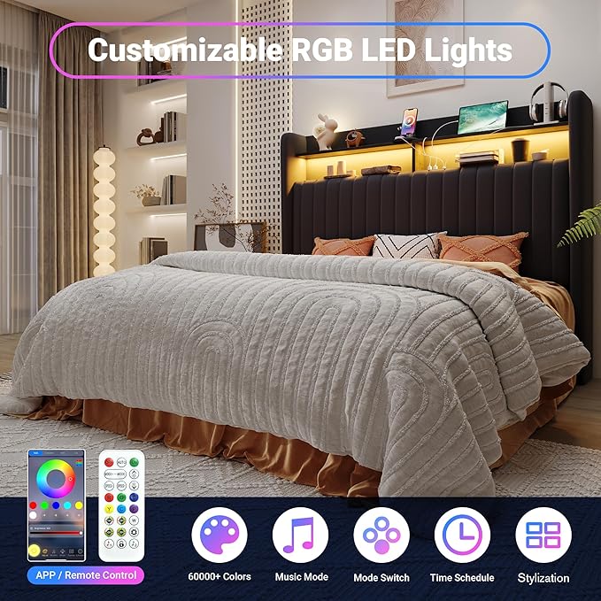 Allewie Full Size Lift Up Hydraulic Storage Bed Frame, 2-Tier Shelf Headboard with LED Lights and Charging Station, USB and Type C Ports, Wingback Velvet Headboard, No Box Spring Needed, Black