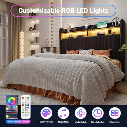 Allewie Full Size Lift Up Hydraulic Storage Bed Frame, 2-Tier Shelf Headboard with LED Lights and Charging Station, USB and Type C Ports, Wingback Velvet Headboard, No Box Spring Needed, Black