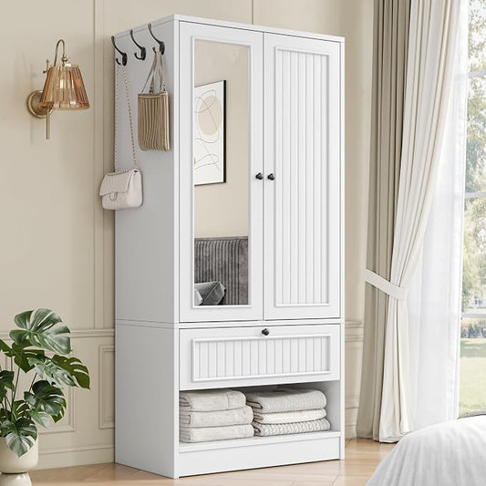 Einhomn 70" Armoire Wardrobe Closet with Doors & Mirror,Wooden Wardrobe with Drawers and 3 Side Hooks,Large Freestanding Bedroom Storage Wardrobe Cabinet,White