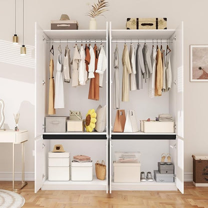White Armoire Wardrobe Closet: 74" Wooden Wardrobe Closet with 4 Doors, Bedroom Armoires with Hanging Rod, Tall Closets Cabinet for Hanging Clothes (63")