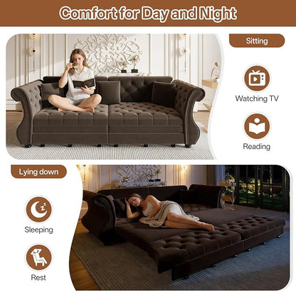 97.6" Oversized Pull Out Sofa Bed, Chesterfield Velvet Sleeper Sofa Couch with Roll Arm & Flower Tufting, Heavy Duty Metal Frame Convertible Sofa for Living Room, Apartment, Guest Room, Brown