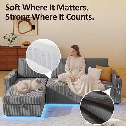 Ball & Cast 80" Sectional Sleeper Sofa Bed Pull Out Couches for Living Room | L Shaped Convertible Pull Out Sofa Bed with Storage Chaise, LED Lights, Foldable Table, USB Ports, Cup Holder and Side Pocket