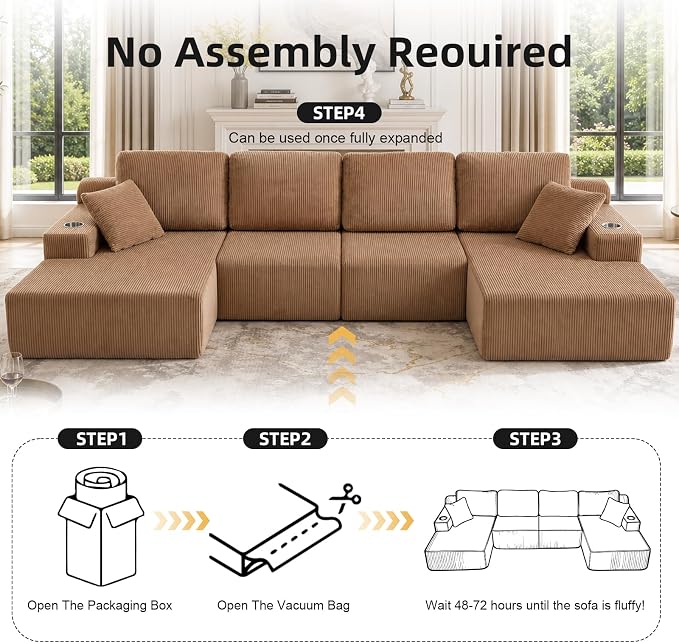 130" U-Shaped Modular Sectional Sofa with Chaise, Boneless Corduroy Flexible Module Seating for Living Room, Cloud Couch with Cup Holders and Side Pockets, No Assembly (Brown)