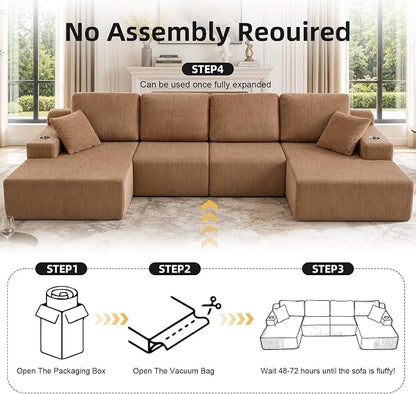 130" U-Shaped Modular Sectional Sofa with Chaise, Boneless Corduroy Flexible Module Seating for Living Room, Cloud Couch with Cup Holders and Side Pockets, No Assembly (Brown)