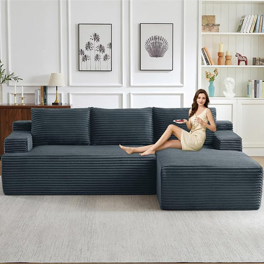 96.1" Modular Sectional Sofa Couches L-Shape Couch 3 Seat Modular Sofa Corduroy Memory Foam Sectional Boneless Couches for Living Room, Cloud Couch with Oversized Chaise(Dark Gray, Right Facing)