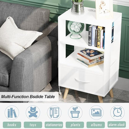 Aenuert Night Stand with Charging Station, White Nightstand with Drawer, 3-Tier Wooden Bedside Table with USB Ports and Outlets, End Table for Small Space, Living Room, Bedroom
