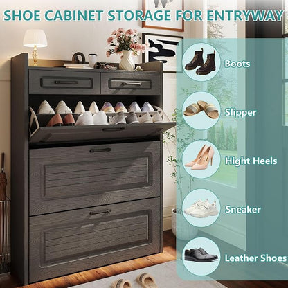 Shoe Cabinet Storage for Entryway with 3 Large Flip Drawers & 2 Storage Drawers, Narrow Shoe Organizer Cabinet Fits for Kinds of Shoes, Slim Shoe Storage Cabinet for Entryway, Hallway, Dark Grey