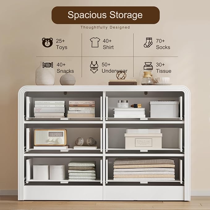 Decofy Fluted Drawers Dresser for Bedroom, Wood Dressers with Gold Handles, Modern Dressers with Wave Texture, Large Storage Chest of Drawers, Bedroom Dresser Organizer 47'' & 6 Drawers (Pure White)