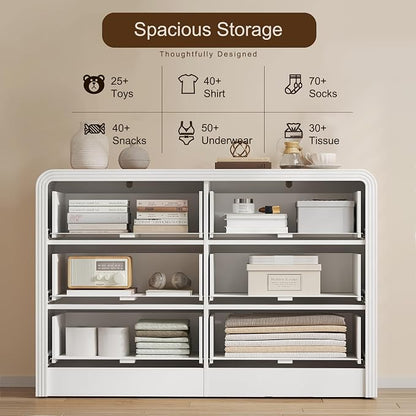 Decofy Fluted Drawers Dresser for Bedroom, Wood Dressers with Gold Handles, Modern Dressers with Wave Texture, Large Storage Chest of Drawers, Bedroom Dresser Organizer 47'' & 6 Drawers (Pure White)