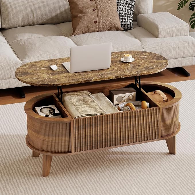 LYNCOHOME 43.3" Fluted Lift Top Coffee Table with Storage, Faux Marble Top Center Table, Modern Oval Coffee Table for Living Room or Home Office（Elegant Walnut）
