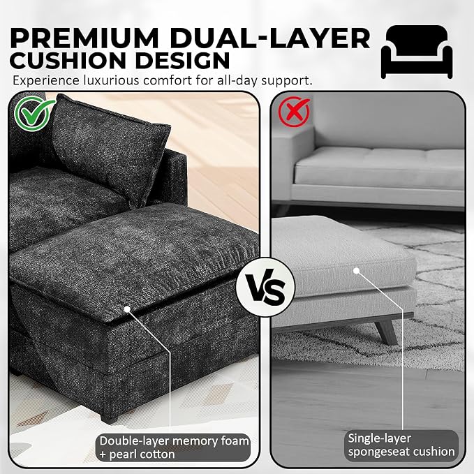 LEVELEVE 112.5" L-Shape Modular Sofa with 1 Ottomans, Deep Seat Cloud Convertible Sleeper, 3 Throw 2 Arm Pillows, Comfortable Upholstered Furniture for Living Room Apartment, Black