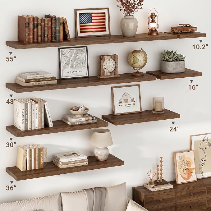 Vivelove 48 Inches Floating Shelves Wall Mounted, 10" Deep Wall Shelves for Bedroom, Bathroom, Living Room, Kitchen, Office, Home Decor, Modern Shelf, Set of 2, Walnut, 48x10.2x1.5