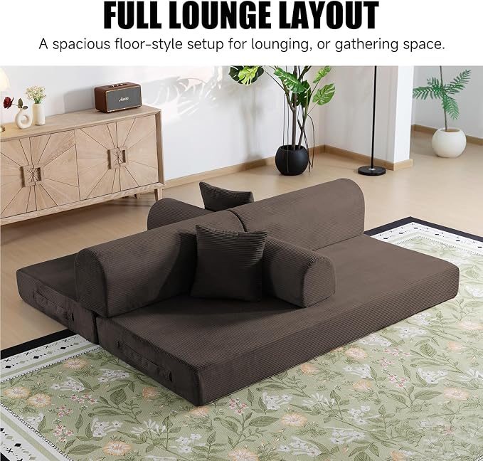 78.8" Boneless Memory Foam Couch, Corduroy Convertible Floor Sofa Bed, Fold-Out Sleeper Futon Loveseat, Wide Armrests & Supportive Back, 1200 lb, Couch in a Box, 2 Pillows, Brown