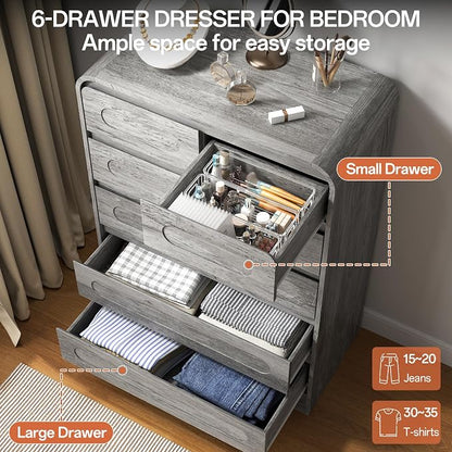 3 Piece Bedroom Set, Dresser and Nightstand Sets for Bedroom | Wood 6 Drawer Dresser & Night Stand Set of 2, Tall Chest of Drawers Modern Storage Cabinet Bedroom Furniture Set, Grey