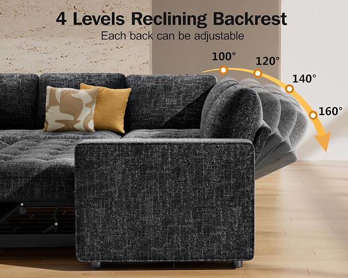 Vipbear 5 Seat L Shaped Modular Sectional Sleeper Sofa Bed with Pull Out Bed/Reclining Backrest/USB Ports/Storage Seat, Sectional Sleeper Couch, Tool-Free Assembly, Chenille Black