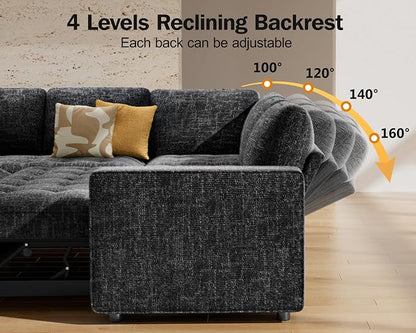 Vipbear 5 Seat L Shaped Modular Sectional Sleeper Sofa Bed with Pull Out Bed/Reclining Backrest/USB Ports/Storage Seat, Sectional Sleeper Couch, Tool-Free Assembly, Chenille Black